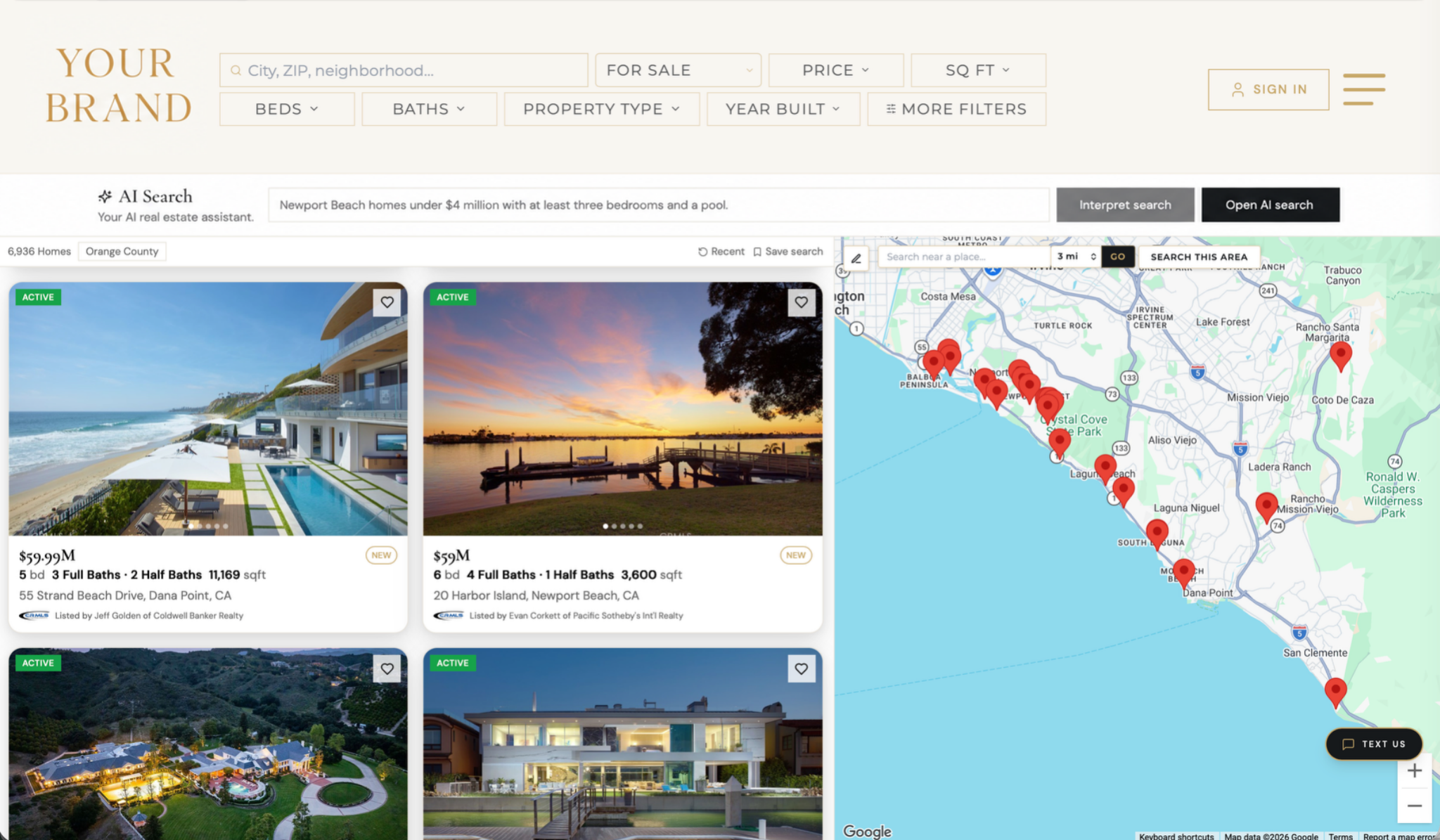 IDX map search — full map view with photos, pricing, and filters